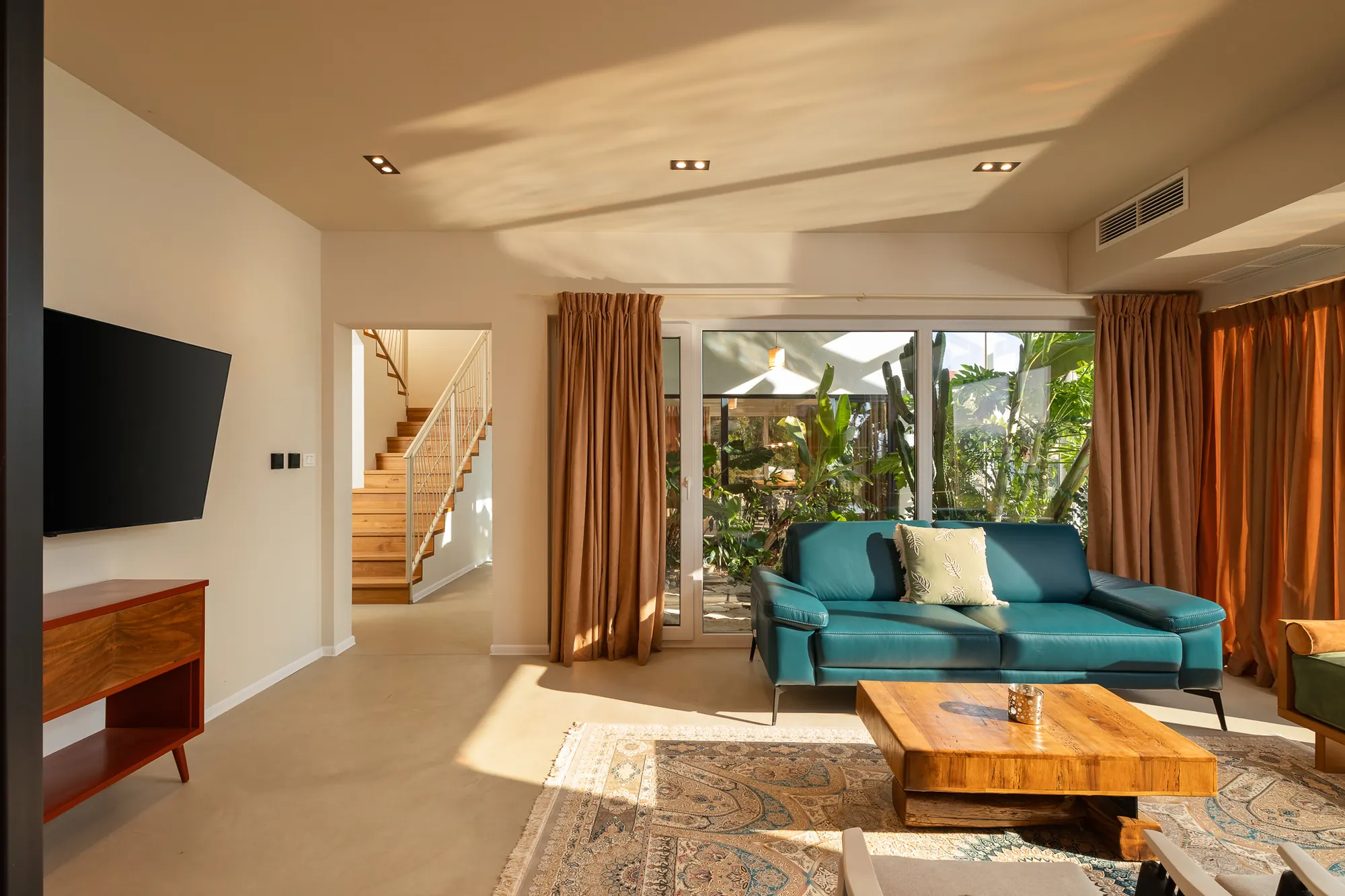 Living room teal sofa